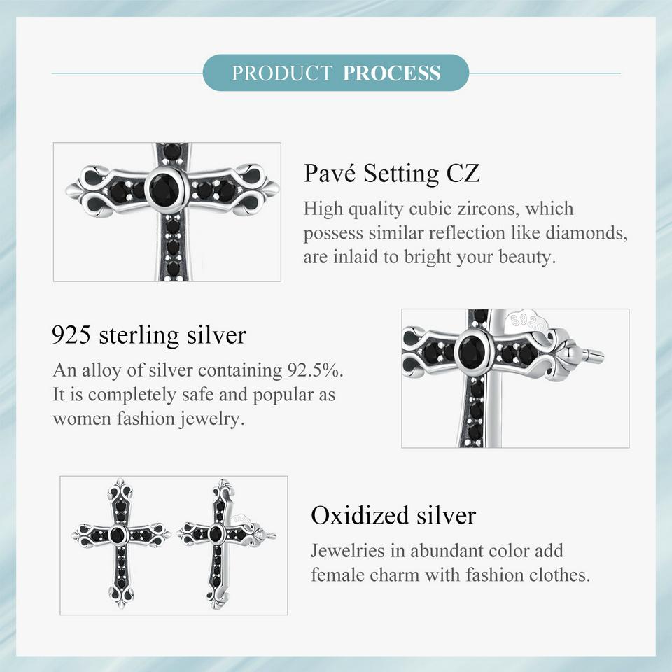 WOSTU Винтажные серьги-гвоздики из стерлингового серебра 925 пробы с крестом для женщин, крутые черные серьги-гвоздики с цирконием в стиле панк, модные украшения, подарок на вечеринку