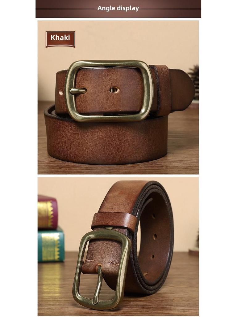 Мужской модный ретро-ремень из кожи ручной работы с медной пряжкой