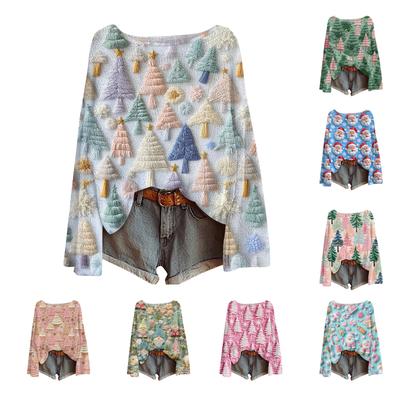 Женский модный повседневный трикотажный свитер с длинным рукавом и рождественским принтом, круглый вырез