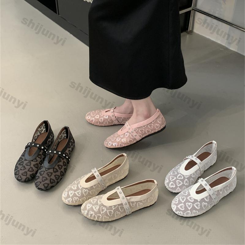 Модная женская обувь 2025 Лето Новинка Сетчатая дышащая Металлическая отделка Балетки Удобная мягкая подошва Круглый носок Модные туфли Мэри Джейн