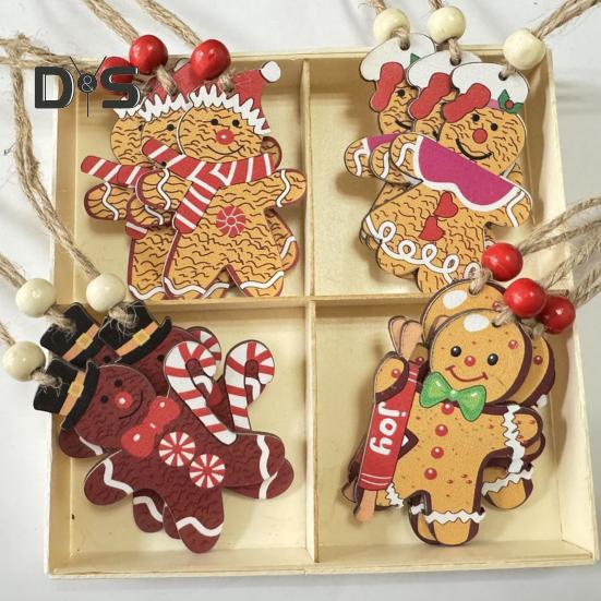 12 Pcs Christmas Wooden Ornaments Hanging Gnome Gingerbread Man Decorations Xmas Tree Pendant for Holiday Home Decor