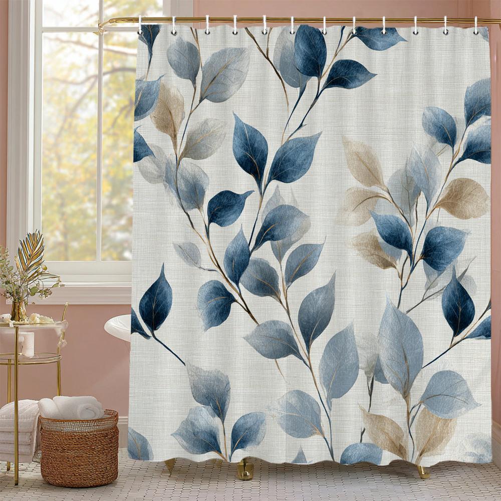 Elegant Blue Botanical Leaf Shower Curtain, Floral Plant Bathroom Decorative Shower Curtain, Waterproof Shower Curtain with Hook