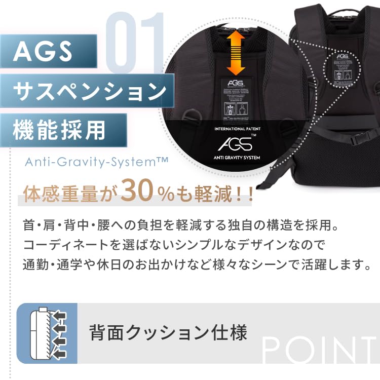 Sun Men's Wear Co., Ltd. AGS Zero Gravity Backpack, Business Bag, 30% Lighter, Perfect for Commuting and School (Navy)