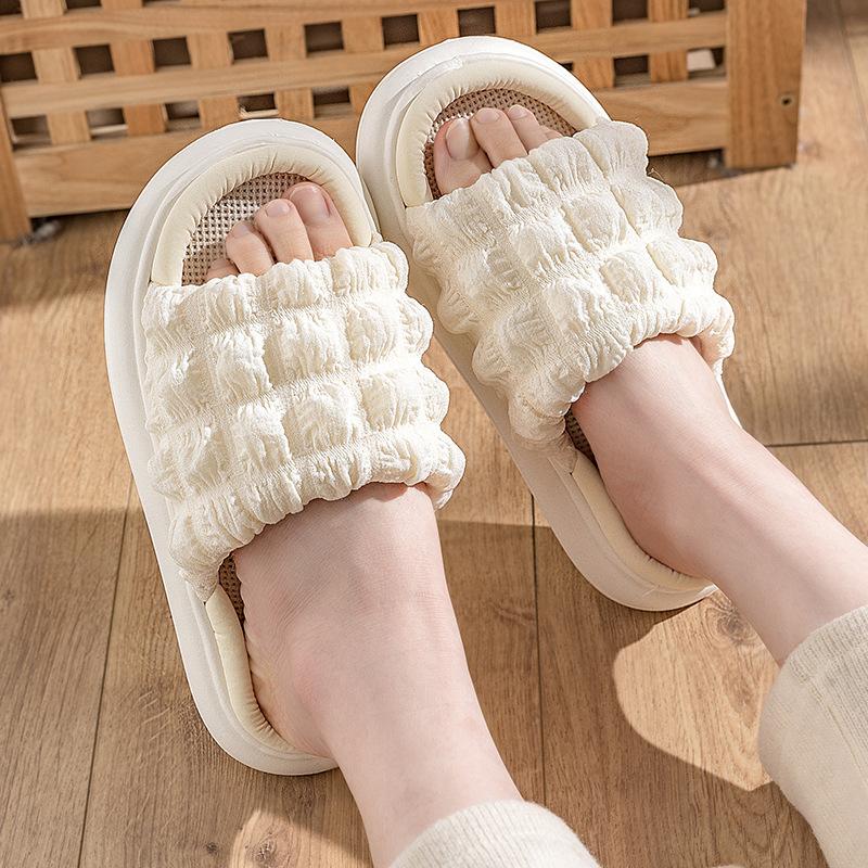 Fashion Breathable Linen Slippers for Women with Thick EVA Sole, Comfortable Puff Design, Spring/Autumn Indoor House Shoes, Quiet & Soft