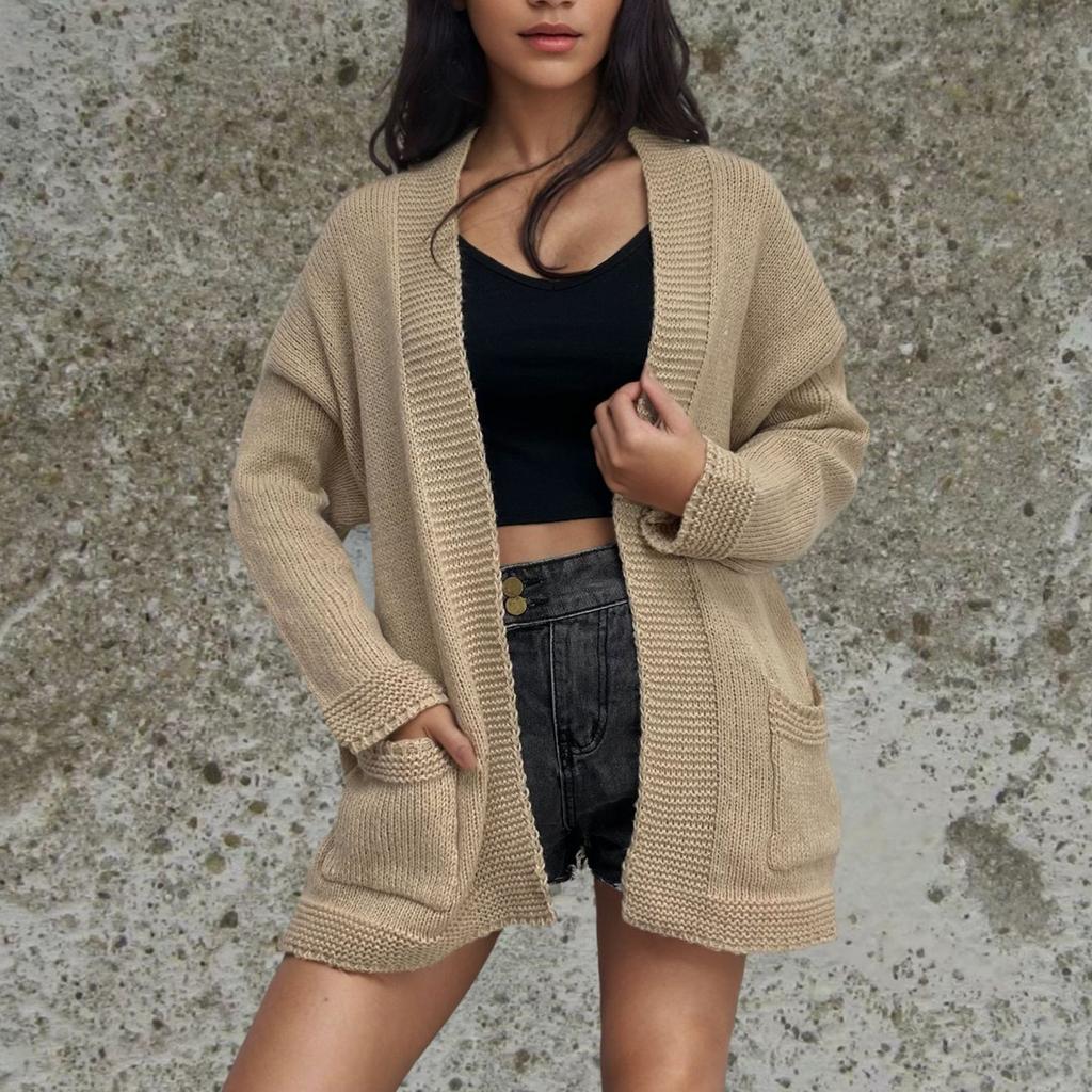 Женская мода вязаный карманный кардиган свитер со свободным пальто