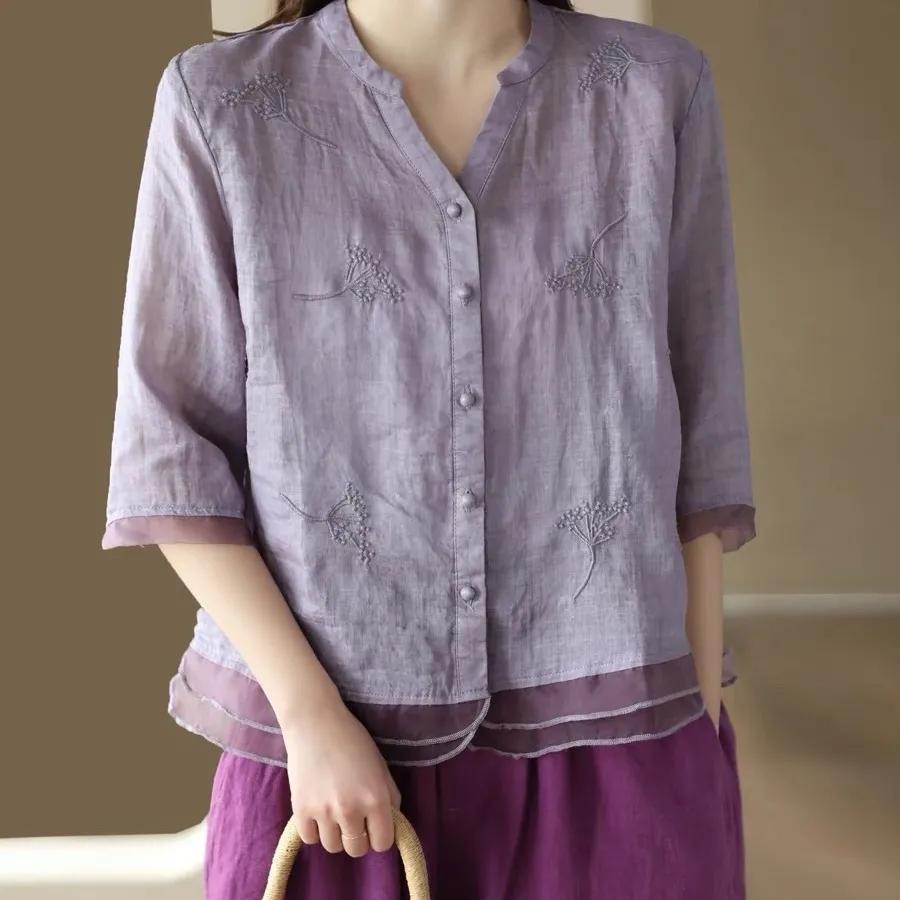 Хлопковая льняная рубашка в стиле ретро, ​​женские рубашки с литературной вышивкой, лоскутная подол из органзы, тонкая блузка, топ