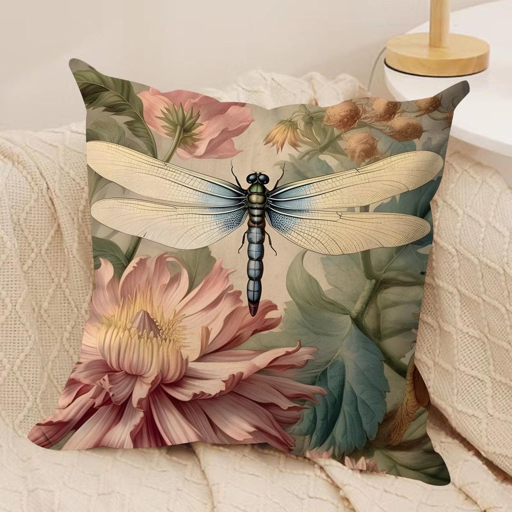 Retro Dragonfly Lotus Cushion Cover Short plush Doublesided Print Square Throw Pillow Covers Sofa Home Cushion Decor