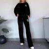 2 Pcs/Set Women Top Pants Suit Velvet Round Neck Bat Sleeves Blouse Wide Leg Solid Color Trousers Sport Casual Outfit Fall Spring Tracksuit
