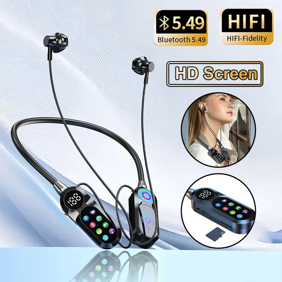 Беспроводные наушники-шейный ободок, HD-экран, Bluetooth 5.4, наушники Hi-Fi стерео, водонепроницаемые спортивные наушники, поддержка TF-карты