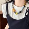 Love Pendant Wood Bead Necklace Multicolor Bohemian Choker Patchwork Cloth Chain Necklace  Gift