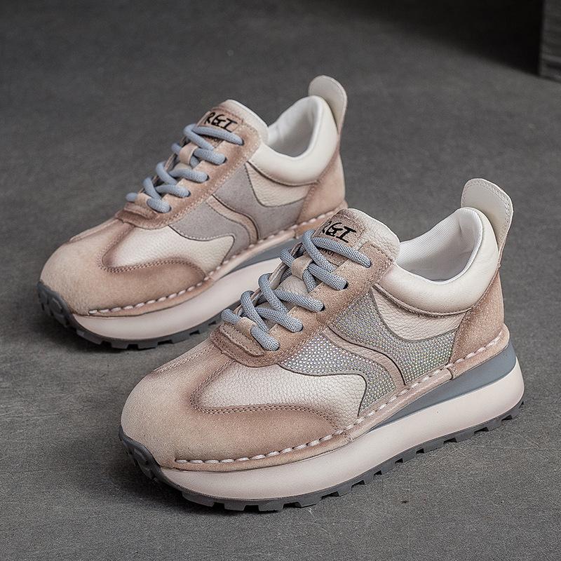 Johnature Genuine Leather Mixed Colors Lace-up Sneakers Women Leisure Sport Soft Sole Comfortable Shoes