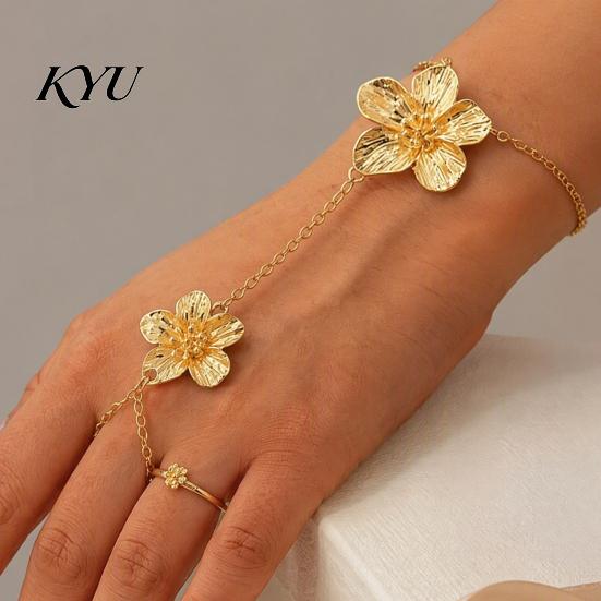 Minimalist Floral Wrist Decor Gold Flower Hand Chain Link Bracelet with Finger Ring for Layered Accessory Women, Hibiscus Flowers O Bracelet,
