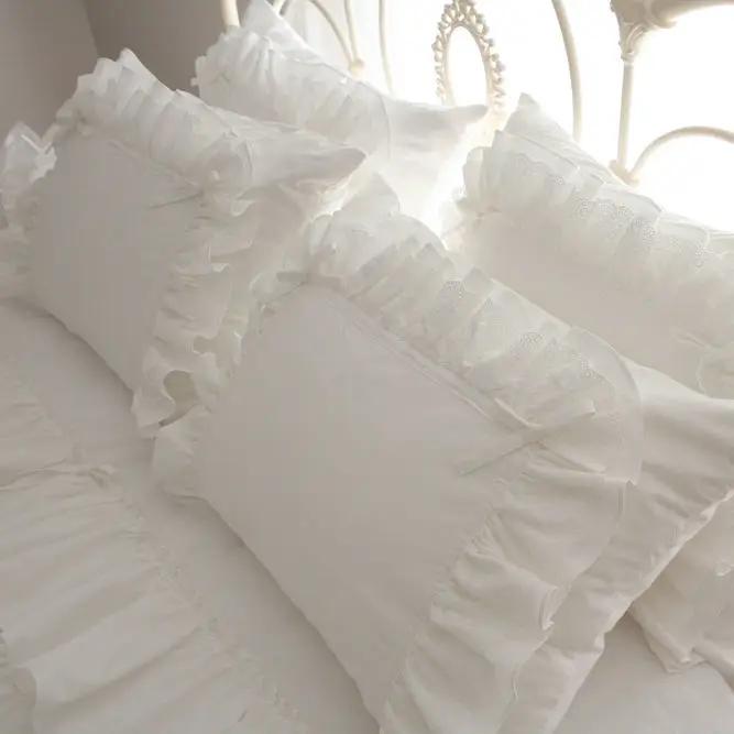 Korean Princess Style Bedding Set Stitch Lace Ruffles Bed Linen Room Decor Double Duvet Cover Set Bed Skirt Pillow Cases