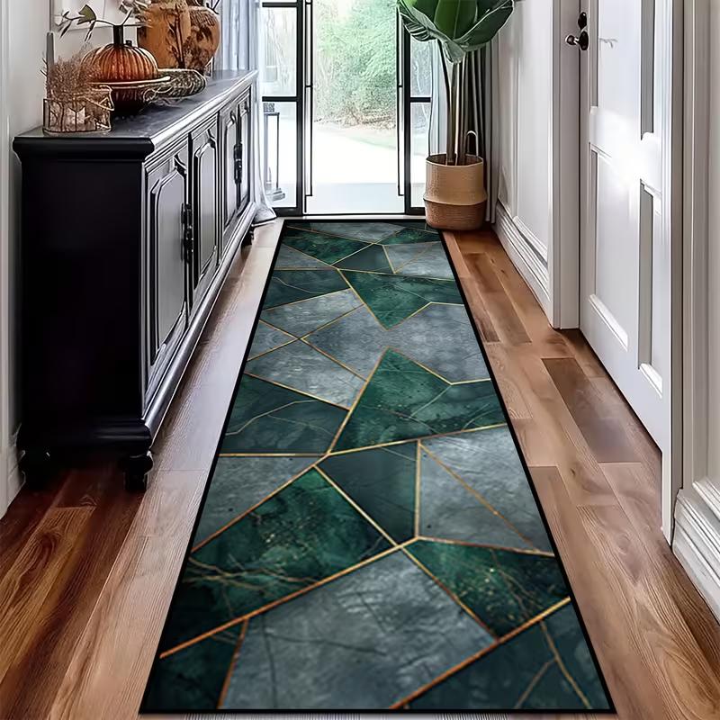 Геометрический пэчворк ковер из зеленого мрамора с золотой отделкой Современный мозаичный узор Текстурированный ковер для гостиной Домашний декор Напольный коврик