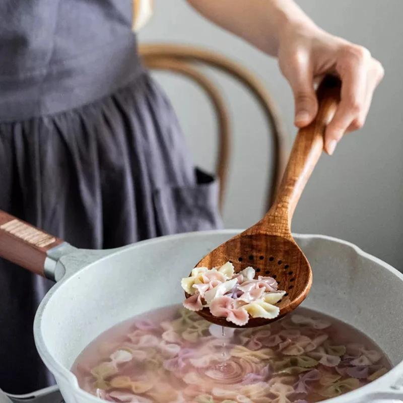 Набор кухонных принадлежностей из 6 предметов, набор кухонных инструментов, лопатка для приготовления пищи, ложка для смешивания, деревянная ложка, тиковая деревянная лопатка для хранения посуды