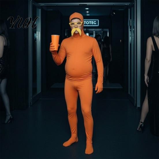Solid Color Costume Orange Full Bodysuit for Kids Adults, with Belly, Yellow Mustache & Eyebrows, Stretchy Zentai Suit Men Women Open Face Suit,