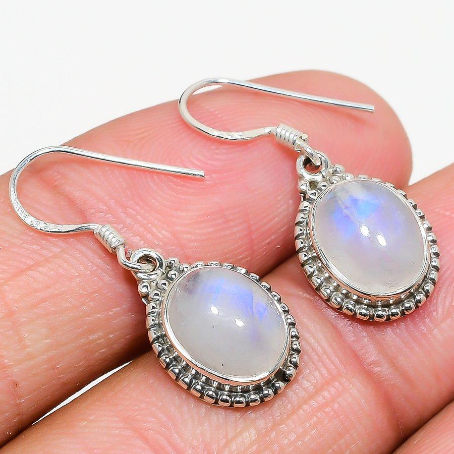 Natural Rainbow Moonstone Gemstone 925 Solid Sterling Silver Earring 1.25" U7Q74