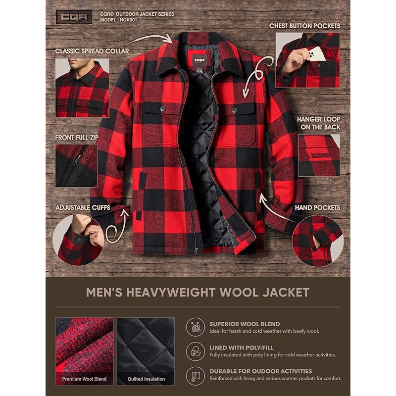 [CQR] куртка мужская шерстяная [Прочность и сохранение тепла] верхняя одежда Толстая рубашка с капюшоном в клетку и однотонная для активного отдыха большой размер походная одежда для альпинизма американская повседневная одежда