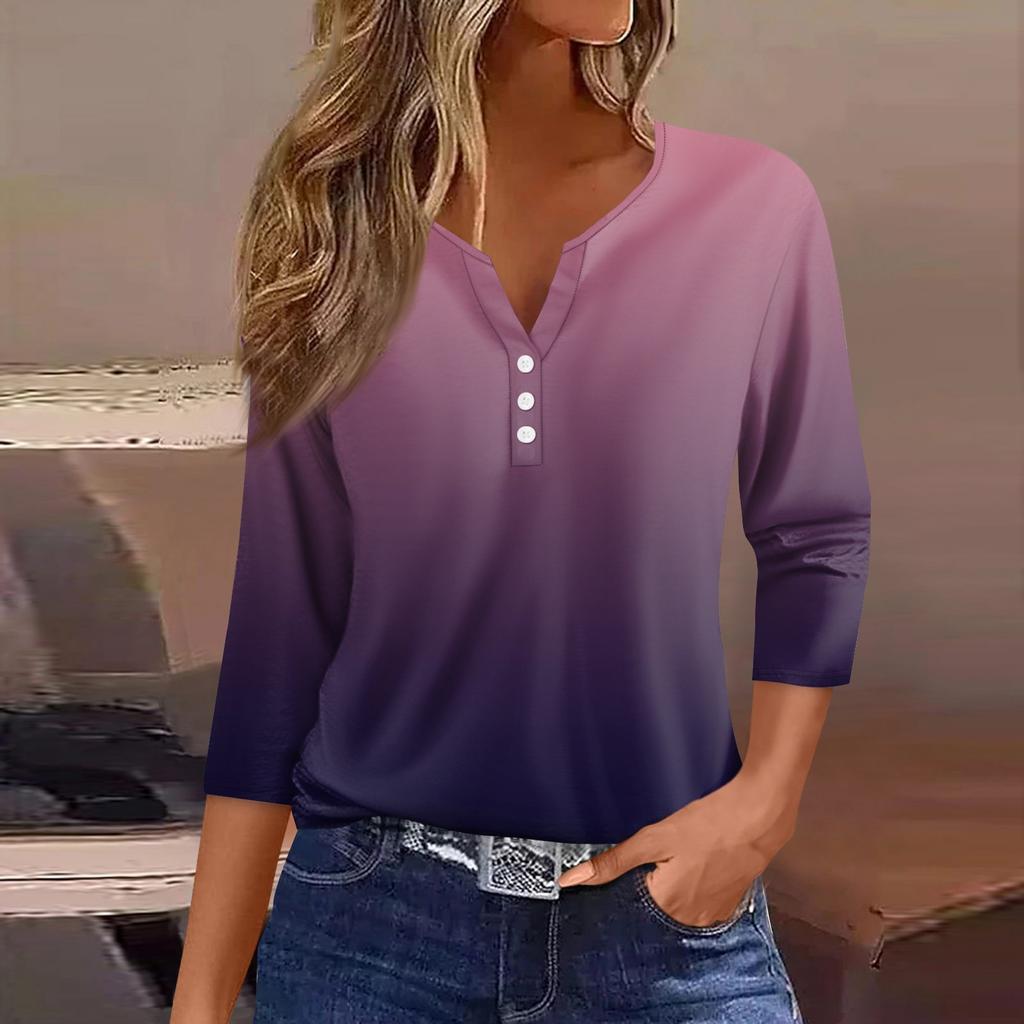 Жен. Футболка Футболка С принтом Пуговицы Рукав 3/4 Повседневные Выходные Мода Классический Классический V-образный вырез Обычный Верх