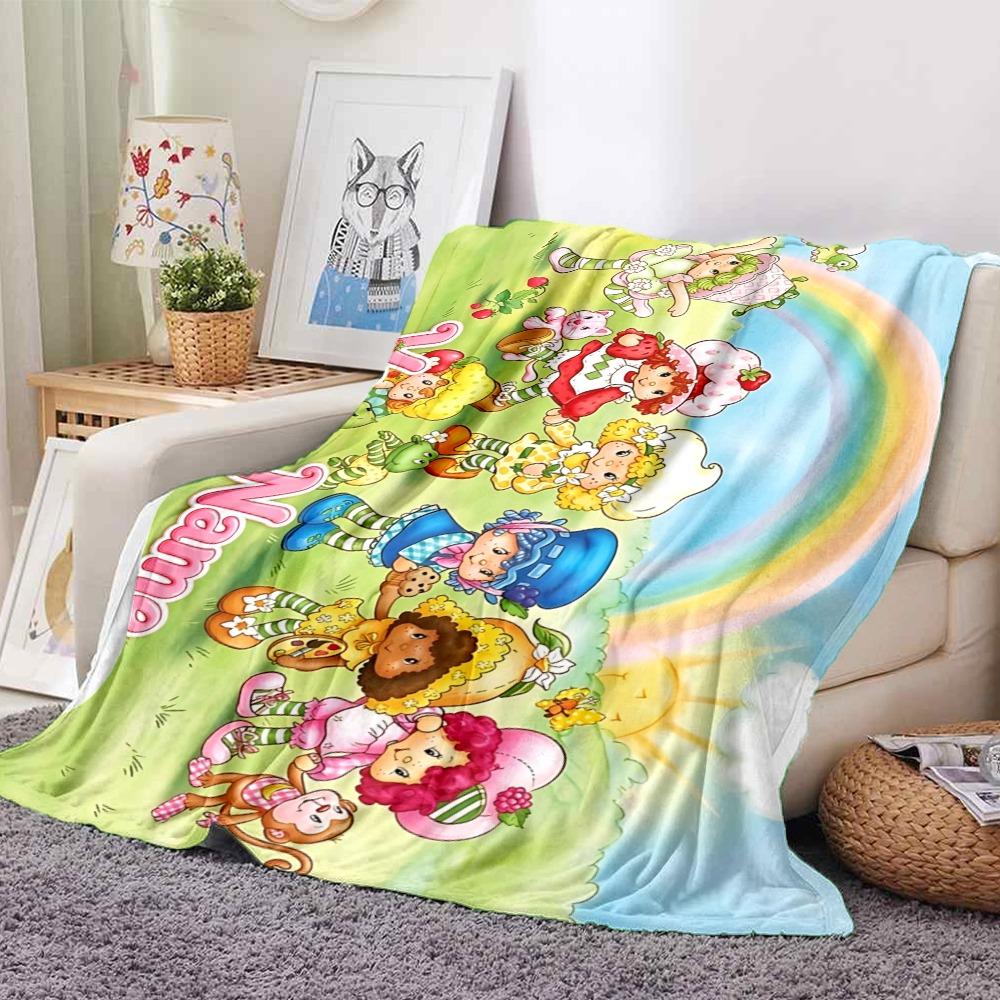 Custom 1Pc Strawberry Shortcake Friends Rainbow Fleece Flannel Blanket Soft Warm Cozy Office Throw For Bedroom Couch Travel Birthday Xmas Gift
