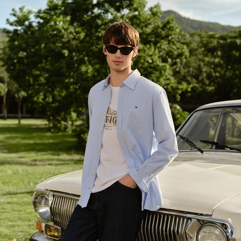Tommy Hilfiger Классическая простая деловая повседневная рубашка с длинным рукавом для commuters в полоску Мужские рубашки 78J8439