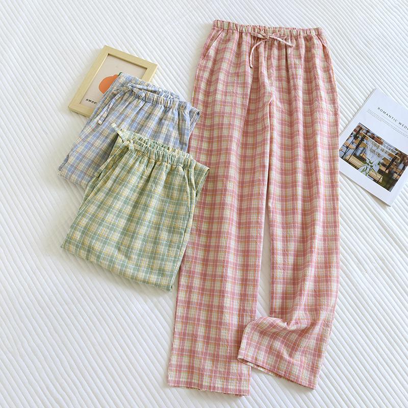 2025 New Spring/Summer Couple Sleeper Pants 100% Cotton Gauze Couple Pants Thin Japanese Checkered Home Pants Bottoms Womens