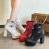 Красные, черные, женские ботильоны на толстой подошве, сверхвысокие каблуки, шнуровка, милая металлическая пряжка, молния сбоку, женская обувь