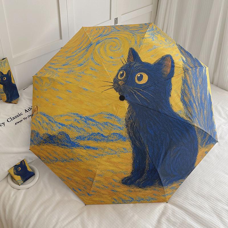 Желто-синяя масляная живопись кошка складной зонт дождь солнце двойного назначения автоматический солнцезащитный зонт защита от солнца и УФ-излучения портативный