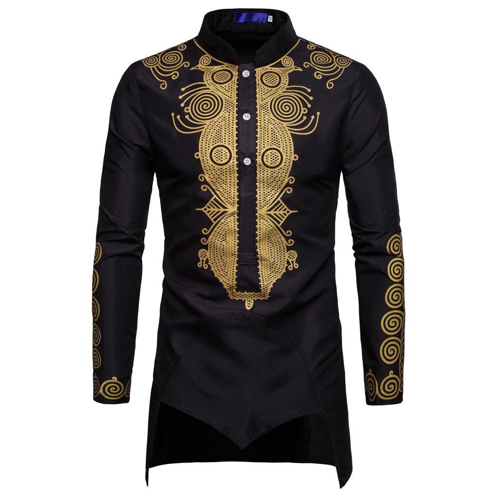Men Mid-length T-Shirt Vintage Print Long Sleeve Muslim Shirt Man Casual Tee Fashion Tops Plus Size