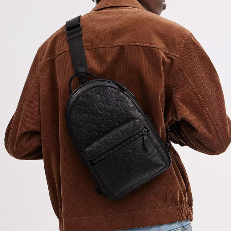 Coach Charter 19 Embossed Classic Monogram Polished Pebble Leather Zip Closure Chest Bag Men Shoulder Bag Black CP116-BLK