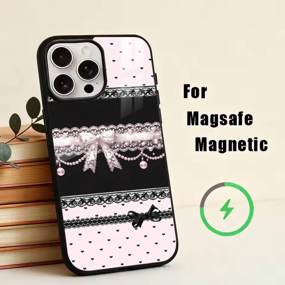 Элегантный дизайн с принтом черного кружева Чехол для телефона Для iPhone 17, 16, 15, 14, 13, 12, 11 Plus, Pro Магнитный Для Magsafe Беспроводная зарядка
