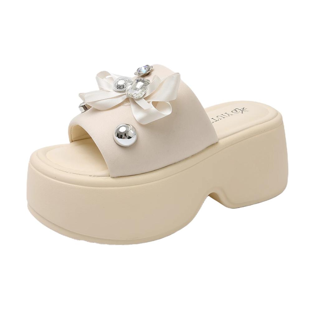 Fashion 8CM Women's Crystal Flower Platform Slides Bowtie Sandals Wedge High Heel Summer Crystal Beach Slippers Comfortable Lady Shoes