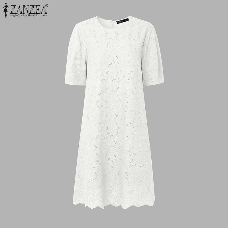 ZANZEA Женское элегантное платье-туника с пышными рукавами, кружевной вставкой спереди, крючком, пэчворк, в повседневном стиле