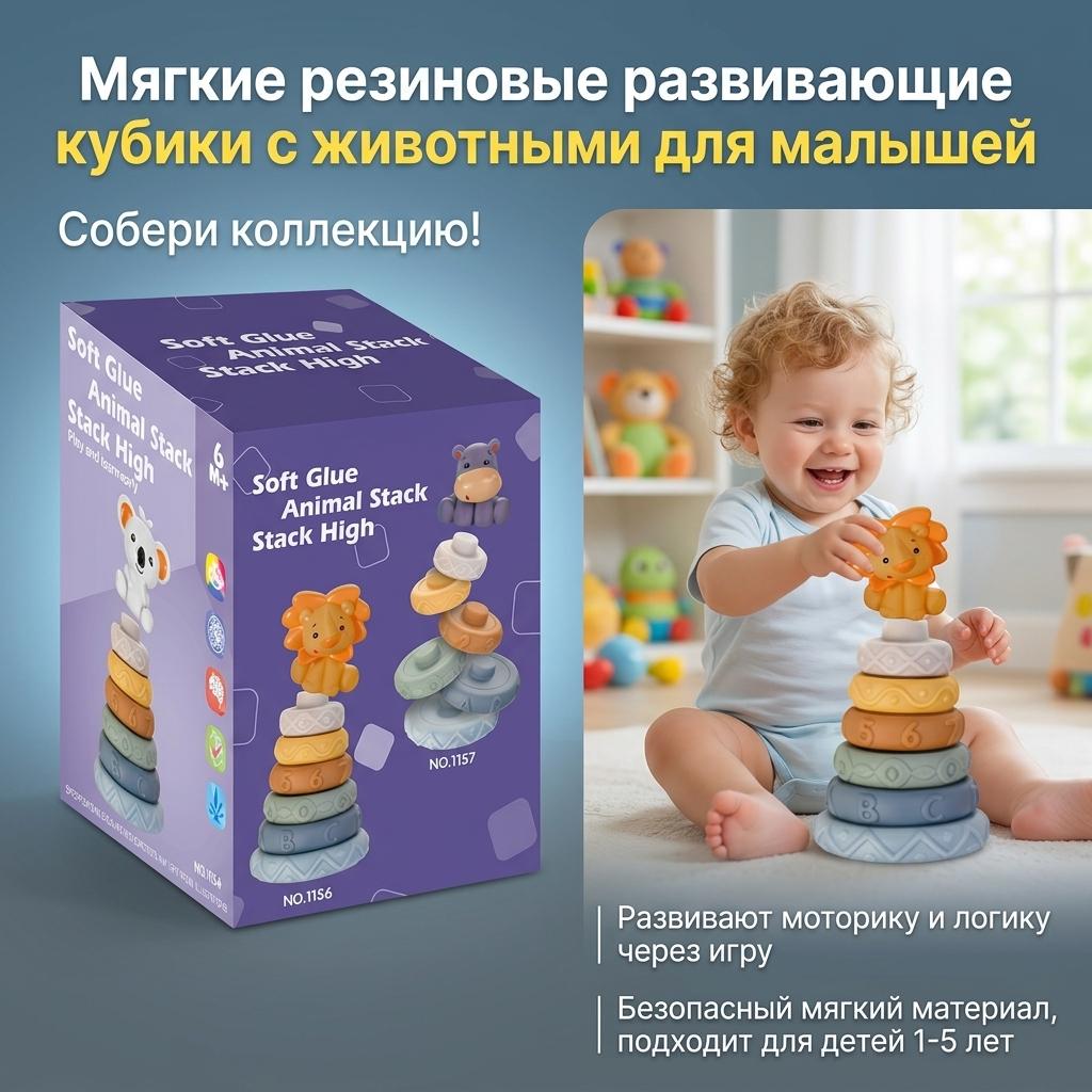 Soft Rubber Animal Cognitive Building Blocks for Toddlers Educational Toy with Stacking and Plugging Play