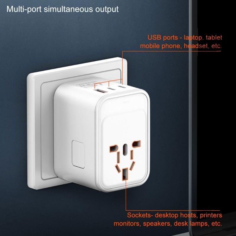 Адаптер с вилками для путешествий по всему миру 45 Вт 65 Вт, поддерживает более 300 стран, с двумя портами USB C и USB A