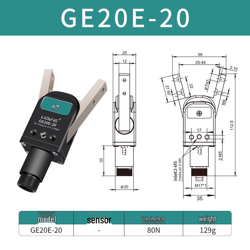 Double-Acting Pneumatic Needle-Nose Gripper GE20B-20 for Robotic Arm and Water Jet Applications