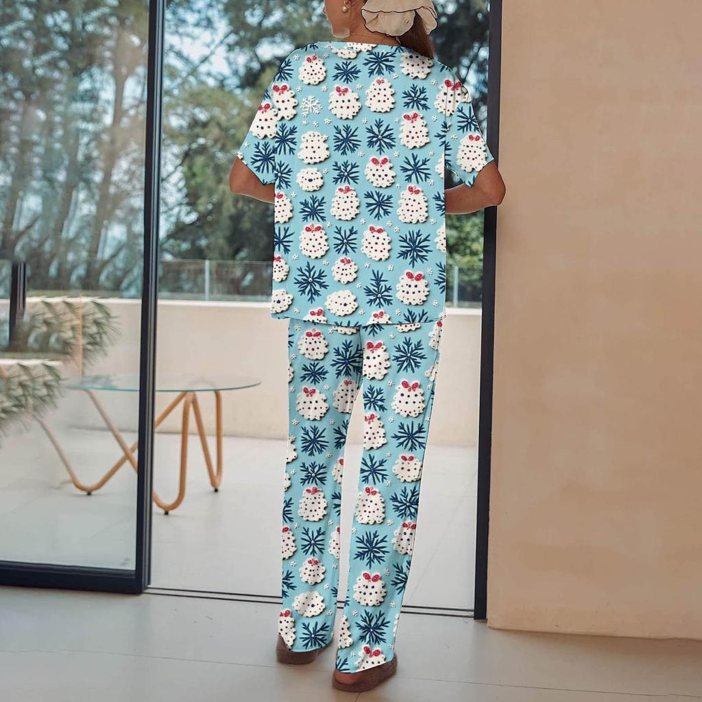Женский шелковый атласный пижамный комплект с рождественским принтом, рубашка с коротким рукавом и длинные пижамные штаны, мягкая домашняя одежда