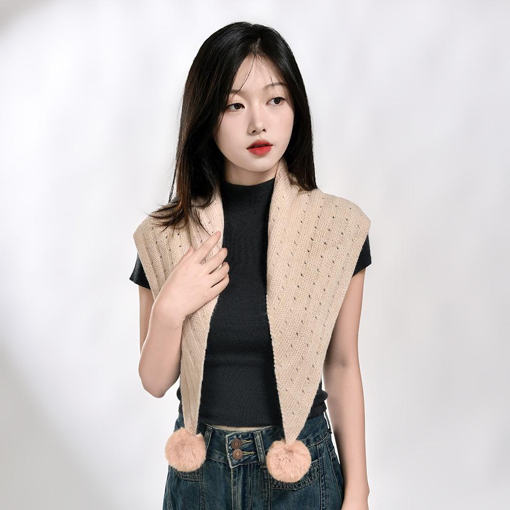 Women's Scarf New Korean Design Hairball Hollow Small Shawl Sweet Girl Cute Accessories Triangle Knitted Warm Wool Scarf