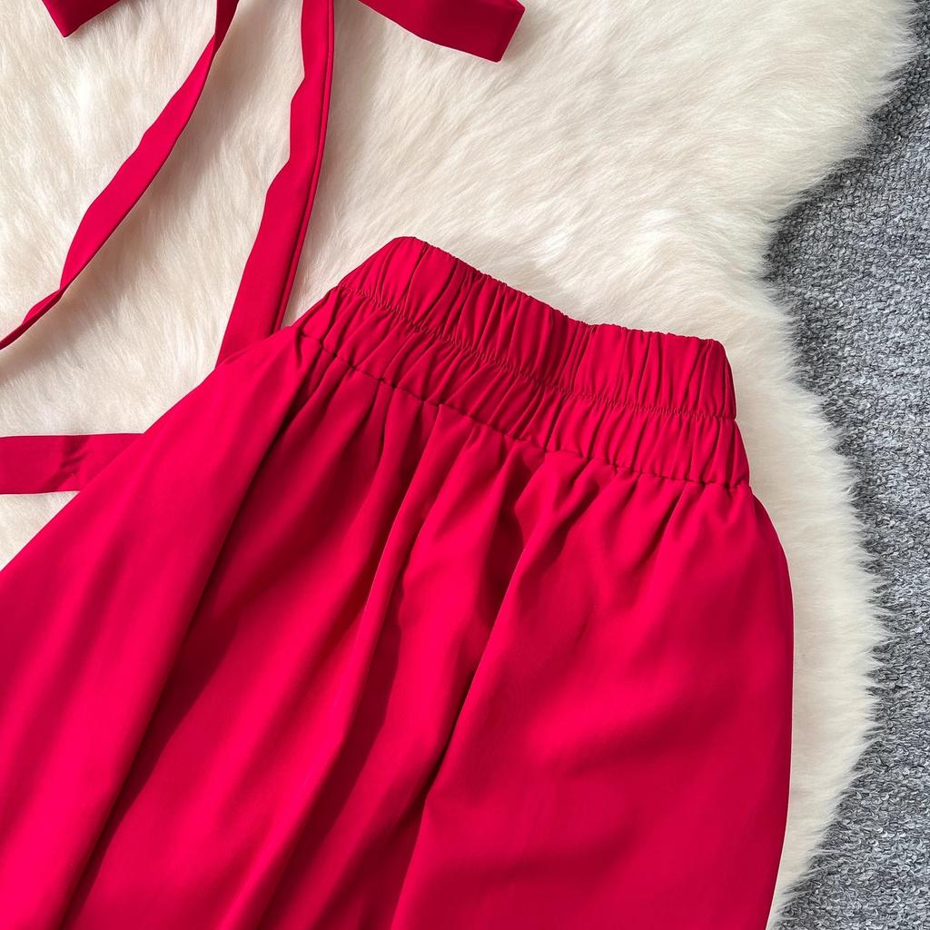 French Style Set with Women's Design Sense, Tie Up Waist, V-neck, Bubble Sleeve Shirt, High Waist, Big Swing Skirt, Two-piece Skirt Set