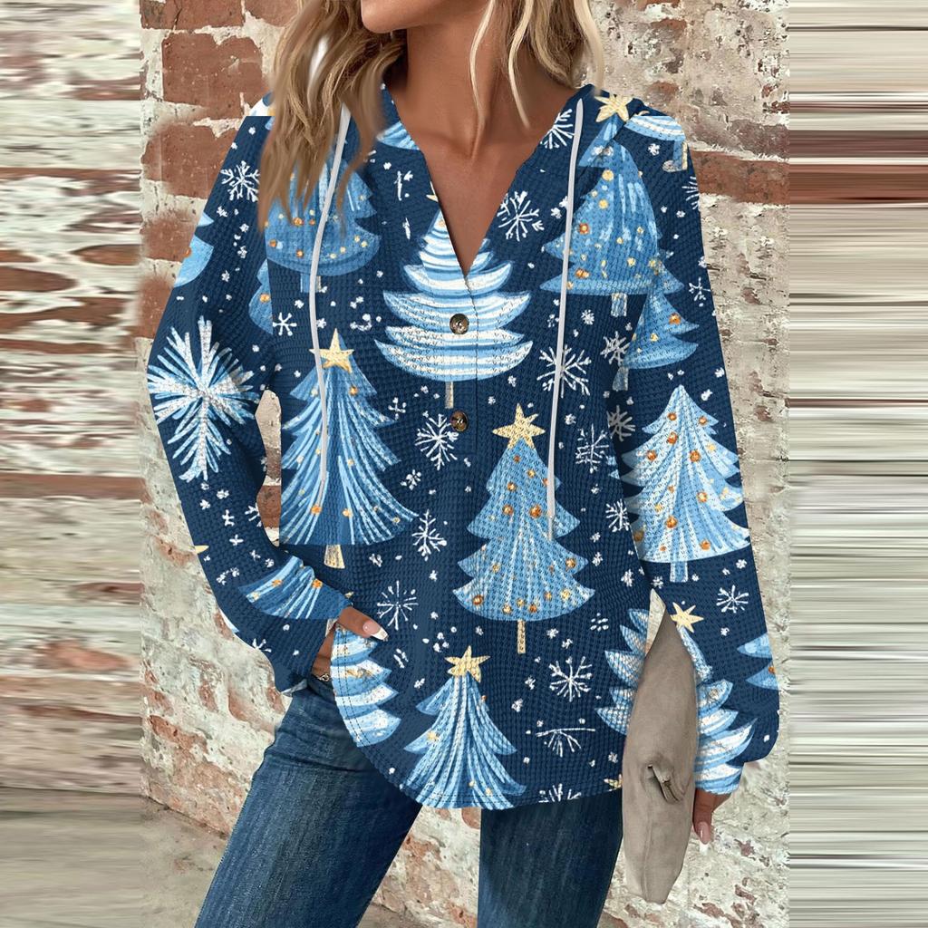 Женский повседневный топ с длинными рукавами, пуговицами, V-образным вырезом, рождественским принтом, завязками и капюшоном