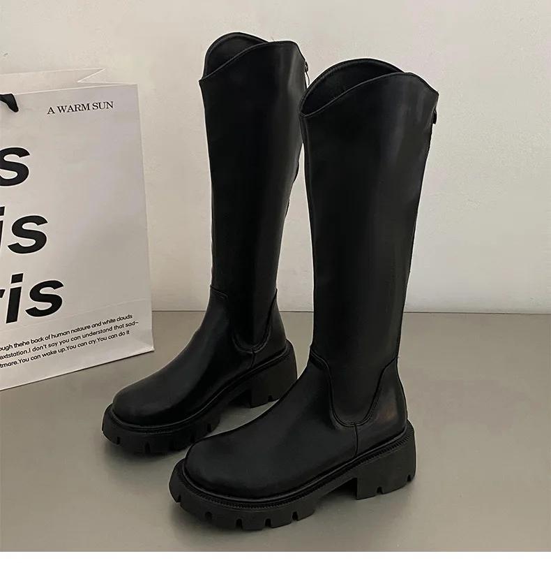 Зимние новые брендовые женские длинные сапоги, модные круглые носки, молнии, женские элегантные сапоги до колена с толстой подошвой, обувь 2024