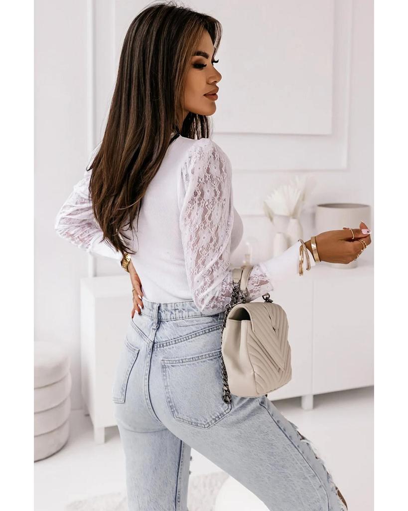 Azura Exchange Белый кружевной топ с ребристым узором и рукавами