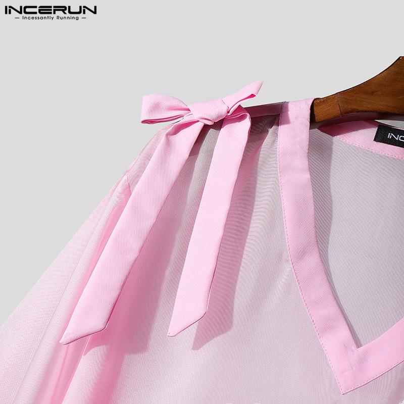 Sleeve 34 Men Incerun Flare Mesh See Through Loose Party Club Shirts Tops
