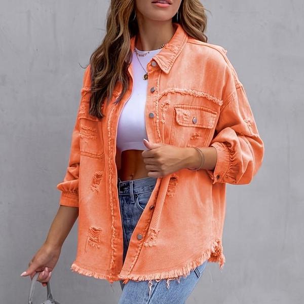Jackets for Women Basic Distressed Ripped Fringe Denim Tops Casual Solid Color Long Sleeve Button Jean Coat