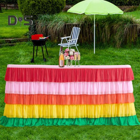 Table Skirt for Rectangle And Round Table Multi-layer Ruffle Reusable Gradient Rainbow Color Beach Parties Ceremony Birthday Party Decoration Table