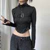 Y2K Sexy Women Athletic Long Sleeve Cycling Tops Solid Black Stand Collar T-shirts Fashion Sportswear Design for Girls