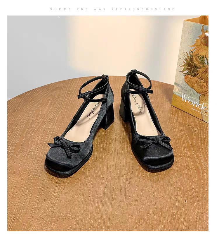 Mary Jane Women's Shoes Light Mouth Shoes Bow Thick Heel Single Shoes Satin High Heels