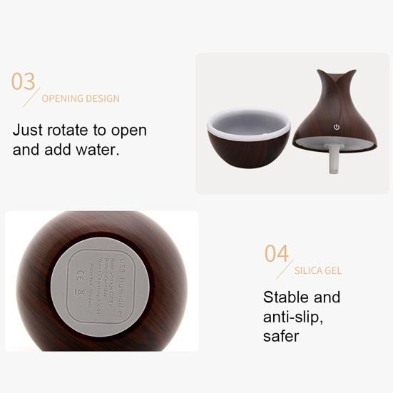 Мини-увлажнитель воздуха в форме вазы с текстурой дерева, тихий, с холодным паром, USB, настольный диффузор для автомобиля, офиса, комнаты, спальни