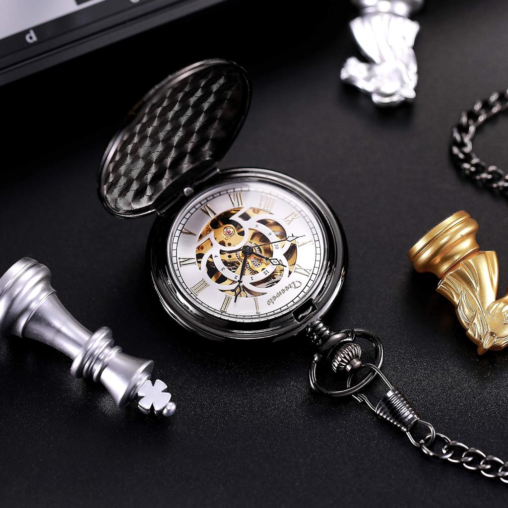 TREEWETO Mechanical Manual Winding Pocket Watch Roman Numerals Skeleton Black with Chain