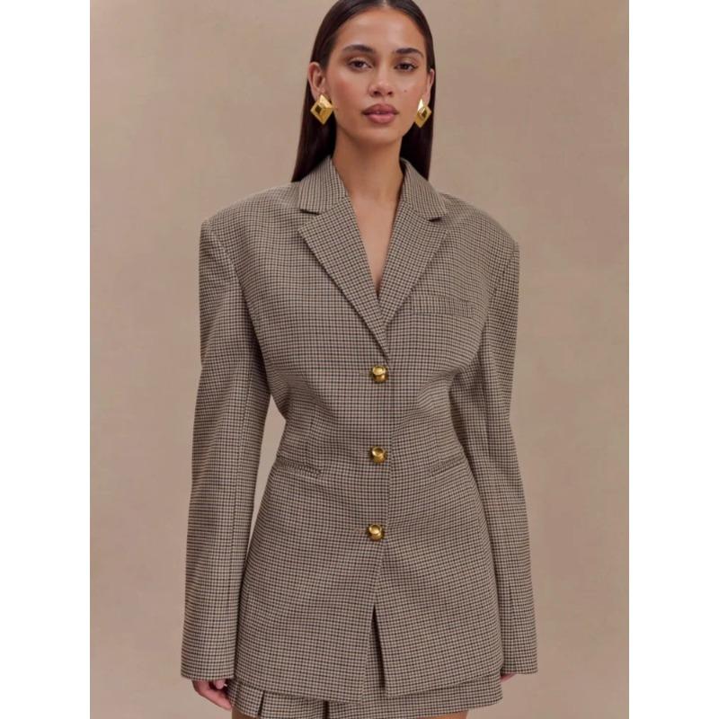 Women Lapel Long Sleeves Plaid Jacket Khaki Woman Commute V Neck Loose Coat Female Fashion Charm Office Street Outercoats